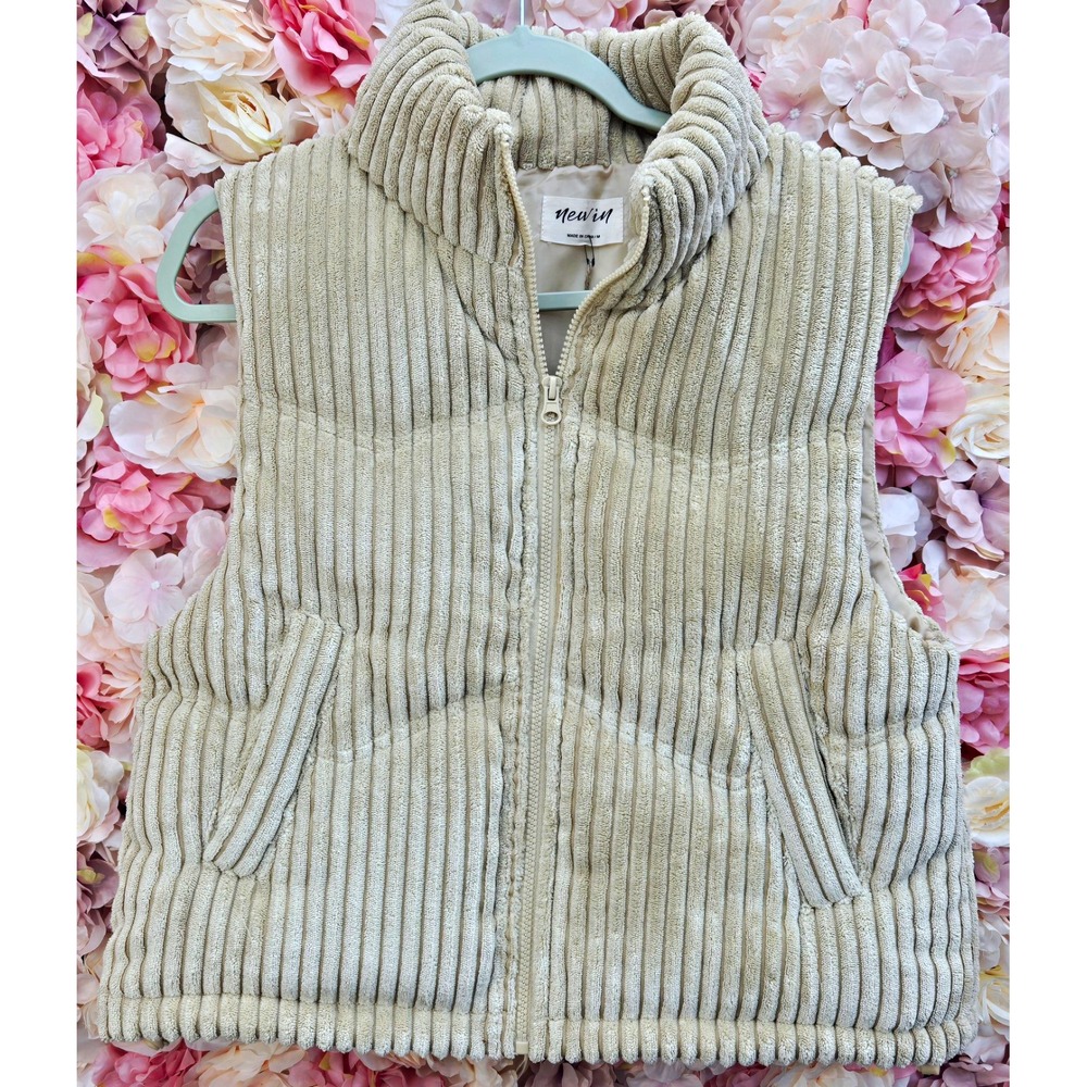 NWT Very J New In Corduroy Puffer Vest Cream Beige Zig Zag Padded Size M NJ90281